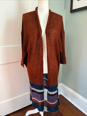 Kerisma Wool Mohair Long Rust Open-Front Cardigan Striped Hem Sweater One Size
